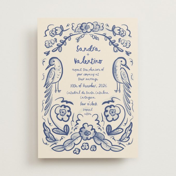whimsical wedding invite with marseille blue